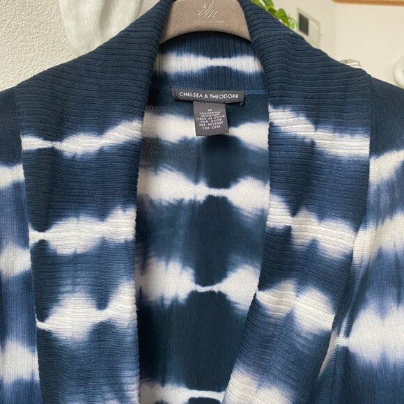 Chelsea & Theodore Long Navy/White Striped Tie Dye Cardigan Sz M #05 - Picture 3 of 4